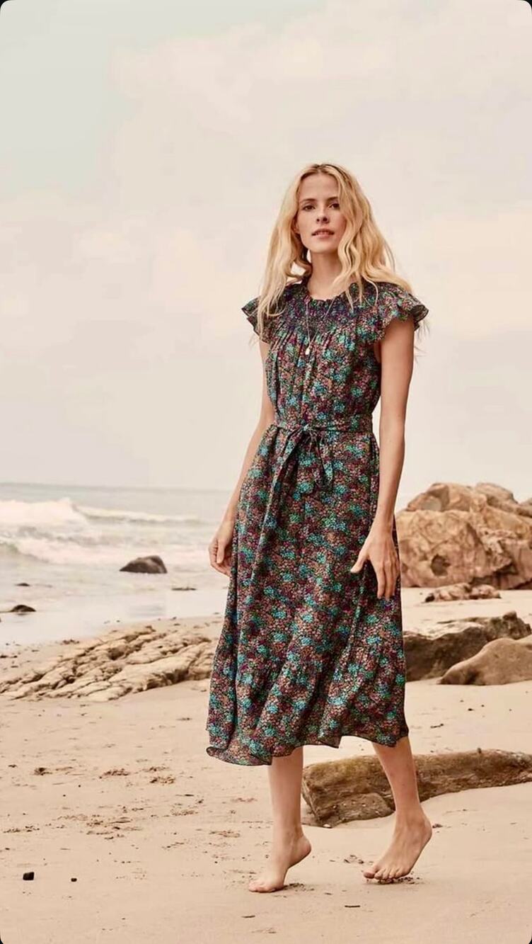 DOEN Violetta Ladybird Floral Midi Dress Navy Multi Belted Smocked Size Small